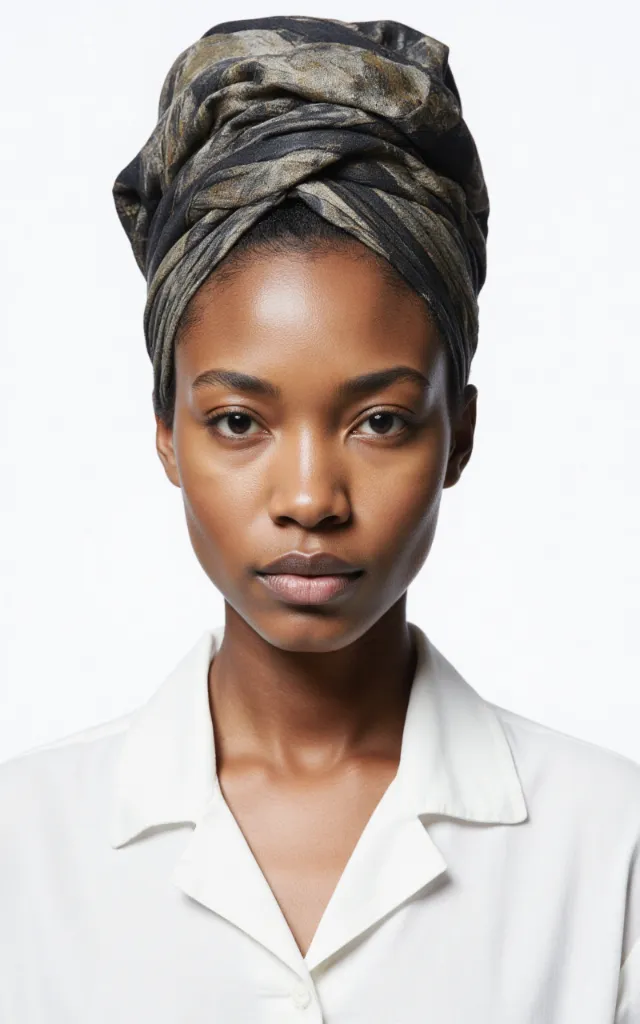 A French female model with Headwrap   inspired hair, wearing a shirt, against a white background, in a front   facing bust portrait